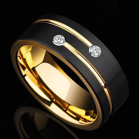 Men's 8mm Tungsten Black Gold Groove Line CZ Comfort-Fit Wedding Band